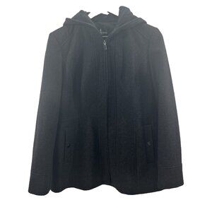 London Fog Women Medium Black Coat Lined Attached Hood Side Pockets Wool Blend
